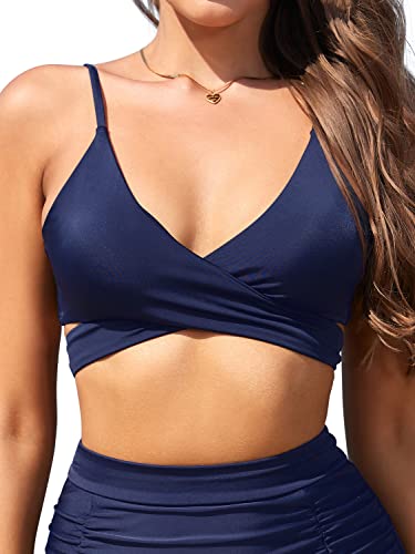 SHEKINI Damen Bikini Rückenfrei Verstellbar Crossover Ties-up Bikinioberteil Bademode (Small, Top-Dunkelblau) von SHEKINI