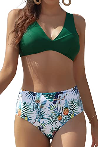 SHEKINI Damen Zweiteiliger Bikini Set Tiefer V Ausschnitt Tops High Waist Blumen Bikinihose Gepolstert Strandbikini Bauchweg Große Größe Bademode für Frauen (Grün, M) von SHEKINI