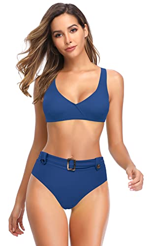 SHEKINI Damen Zweiteiliger Bikini Tiefer V Ausschnitt Bademode Weste Sportlich Bikini Oberteil High Waist Bikini Bottoms Gepolstert Strandbikini (Lake Blue,M) von SHEKINI