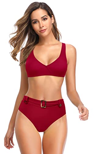 SHEKINI Damen Zweiteiliger Bikini V Ausschnitt Bademode Weste Sportlich Bikini Oberteil High Waist bauchweg Bikini Bottoms (Weinrot,XL) von SHEKINI