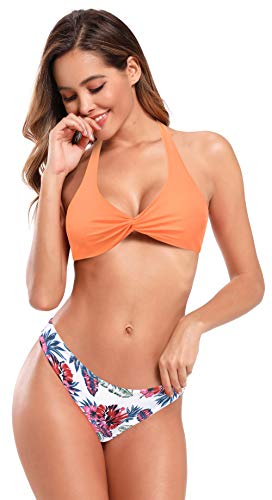 SHEKINI Damen Zweiteiliger Bikini Tiefer V Ausschnitt Twisted Bikinioberteil Tragbare Beidseitig der Bikinihose Geblümte Gepolstert Strandbikini (Hell orange, L) von SHEKINI