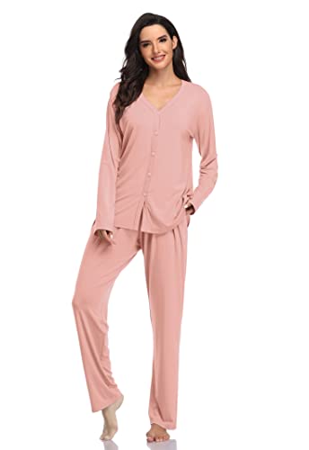 SHEKINI Damen Zweiteiliger Schlafanzug mit Knopfleiste Sleepwear Set Nachtwäsche PJ Set mit Langarm Shirt von SHEKINI