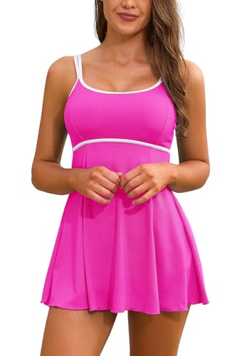 SHEKINI Damen gerippte Tankini Set Bademode Plus Size Zweiteilige Badeanzüge Farbblock Bikini Badeanzug(XXL,Heißes Pink) von SHEKINI