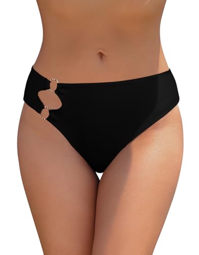 SHEKINI Damen hohe Taille Bikinihoden Ausgeschnitten Metallring Badeanzug Schwimmbotten (Schwarz, M) von SHEKINI