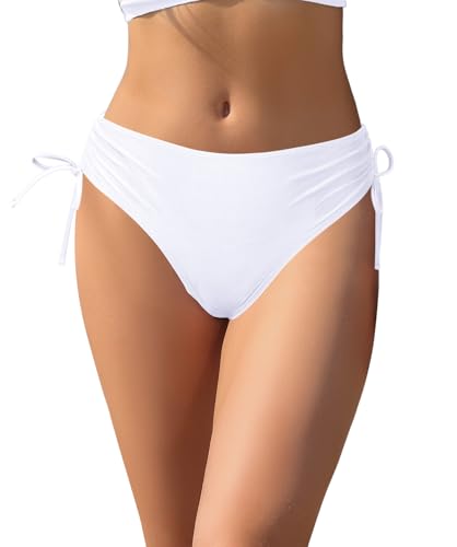 SHEKINI Damen weiße Bikinihose Volle Abdeckung Bademode Mid Taille Badeanzug Bottoms Ruched Badeanzug für Frauen (XXL,weiß) von SHEKINI
