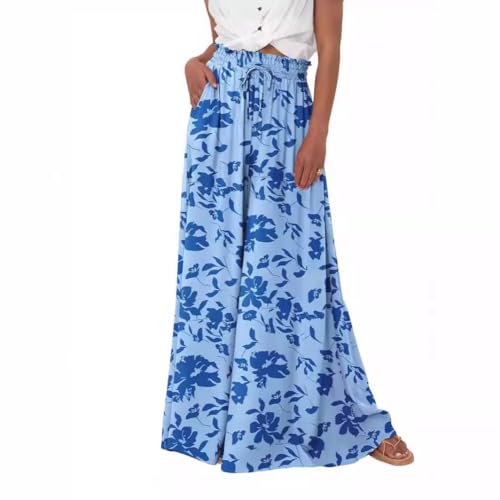 SHEKINI Damenhose Leicht Sommerhose Boho Blume Stoffhose mit Taschen Locker Weitem Bein Freizeithose Mit Kordelzug Lässige Strand Hose von SHEKINI
