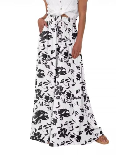 SHEKINI Damenhose Leicht Sommerhose Boho Blume Stoffhose mit Taschen Locker Weitem Bein Freizeithose Mit Kordelzug Lässige Strand Hose von SHEKINI