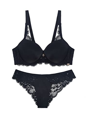 SHEKINI Dessous Damen Sexy Unterwäsche BH mit Bügel Spitze Push Up BH und Spitzenhöschen Reizwäsche Rückenfrei Tiefer Ausschnitt Dessous Set,Schwarz,75C von SHEKINI