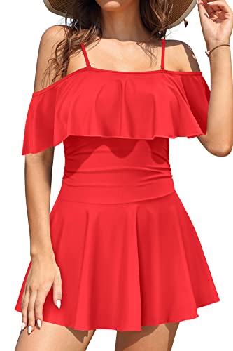 SHEKINI Damen Einteiliger Badeanzug Badekleid Rückenfrei Baderock Ruched Bauchweg Bauchkontrolle Damen Strandbadeanzug Bademode Großer Größe Schwimmrock (M, Rot B) von SHEKINI