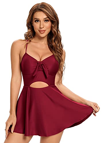 SHEKINI Einteiliger Badeanzug Damen Badeanzugkleid Schwimmkleid Elegant Cutout Rückenfrei Retro Ruched Bauchweg Kreuz Ties up Schwimmrock Badekleid（M, Weinrot B） von SHEKINI