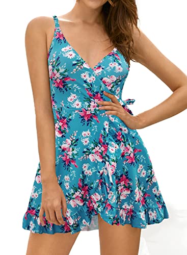 SHEKINI Einteiliger Badeanzug Damen Badeanzugkleid V-Ausschnitt Kreuz Seite Ties up Schwimmkleid Verstellbarer Schultergurt Ruched Elegant Rüschen Saum Badekleid Damen(M,Schwarz-CH) von SHEKINI