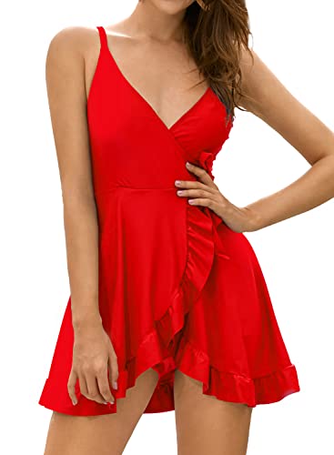 SHEKINI Einteiliger Badeanzug Damen Badeanzugkleid V-Ausschnitt Kreuz Seite Ties up Schwimmkleid Verstellbarer Schultergurt Ruched Elegant Rüschen Saum Badekleid Damen (Rot, M) von SHEKINI