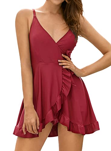 SHEKINI Einteiliger Badeanzug Damen Badeanzugkleid V-Ausschnitt Kreuz Seite Ties up Schwimmkleid Verstellbarer Schultergurt Ruched Elegant Rüschen Saum Badekleid Damen (Weinrot, XL) von SHEKINI