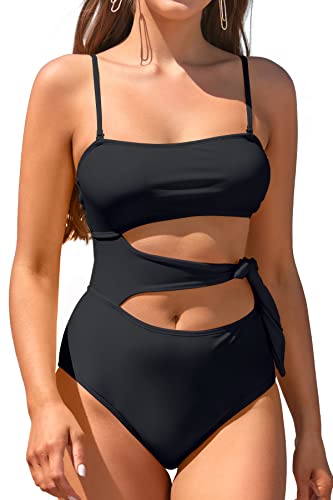 SHEKINI Einteiliger Badeanzug Damen Gepolstert Bandeau Bademode Verstellbar Schnürungen Elegant Cutout Badeanzüge(L,Schwarz) von SHEKINI