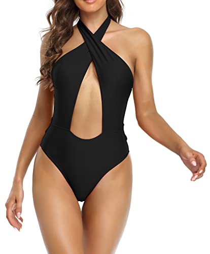 SHEKINI Einteiliger Badeanzug Damen Neckholder Kreuz Rückenfrei Monokini Bademode Verstellbar Schnürungen Schlankheits Bauchweg Badeanzüge für Frauen(M,Schwarz) von SHEKINI