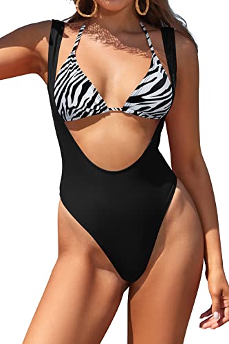 SHEKINI Einteiliger Badeanzug Damen Sexy Cut Out Gesmokte Brasilien Tanga Monokini mit Triangel Neckholder Verstellbar Schnürungen Bikini Oberteil(S,Schwarz-Y) von SHEKINI