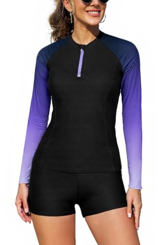 SHEKINI Frauen 2 Stück Langärmel Rash Guard Badeanzug Reißverschluss Schwimmhemd mit Boyshorts (Lila, Large) von SHEKINI