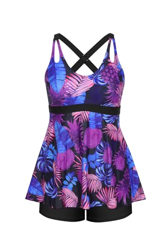 SHEKINI Frauen 2-teilige Tankini Set Bauchkontrolle Badeanzüge mit Boyshorts verstellbare Cross-Rücken-Badeanzüge Jakobsmuschel Trimm-Badebekleidung(M,Schwarze Drucke) von SHEKINI