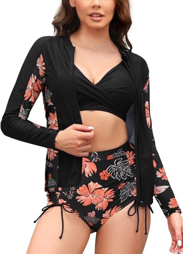 SHEKINI Frauen 3-teilige Rash Guard Badeanzüge mit Twist Front Bikini Top mit Kordelzug Hohe Taille Short (Schwarz+Orange Blume, Small) von SHEKINI