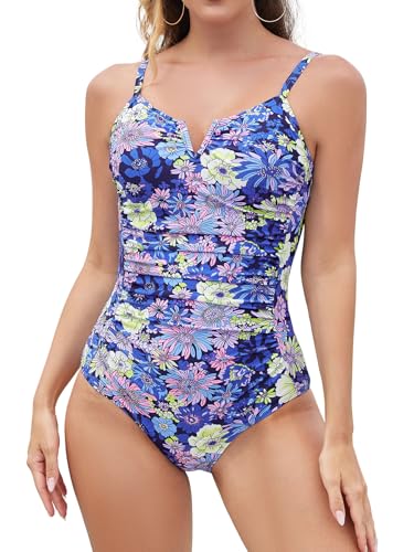 SHEKINI Frauen Bauchkontrolle Einteiliger Badeanzug V-Wired Monokini Vintage Shirred Badeanzug (M, Marineblaue Fragmentierte Blume) von SHEKINI