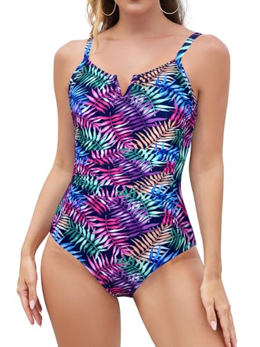 SHEKINI Frauen Bauchkontrolle Einteiliger Badeanzug V-Wired Monokini Vintage Shirred Badeanzug (XXL,Blaue Palmenblätter) von SHEKINI