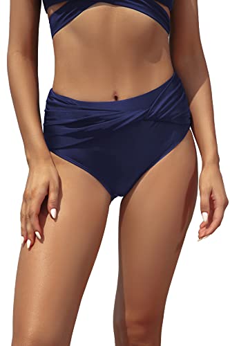 SHEKINI Damen Bikini Hose Elegant Bauchweg High Waist Schwarz Bikinihose Verdrehte Elastische Ruched Klassische Badeanzug Badehose Große Größe（L，Dunkelblau） von SHEKINI