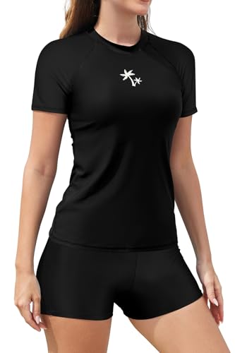 SHEKINI Frauen Built In BH 2-teilige Rash Guard Badeanzüge mit kurzen Ärmeln Top für Boyshort (schwarz, Medium) von SHEKINI