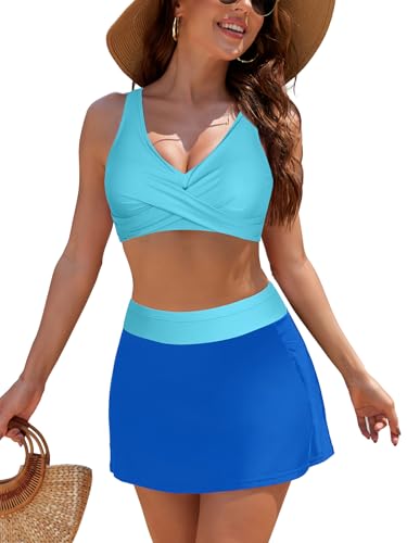 SHEKINI Frauen High Waisted Bikini Set Twist Front Zwei Stück Rock Badeanzüge mit Taschen (Large,Himmelblau+Grün) von SHEKINI