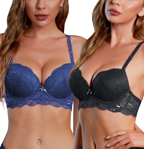 SHEKINI Frauen Push Up BH Spitze Bügel BHs Set Unterstützung Abnehmbare Schultergurte Alltagsunterwäsche 2 Stück, 1 x Schwarz + 1 x Blau, 85C von SHEKINI