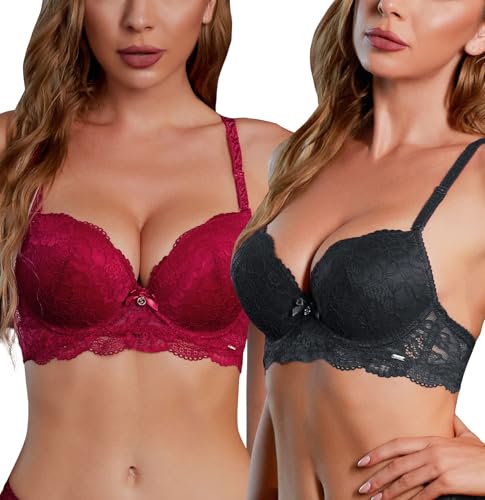 SHEKINI Frauen Push Up BH Spitze Bügel BHs Set Unterstützung Abnehmbare Schultergurte Alltagsunterwäsche 2 Stück, 1 x Schwarz + 1 x Rot, 90C von SHEKINI