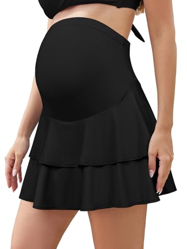 SHEKINI Frauen Rüschen Hohe Taille Umstands Swim Rock Eingebaute Shorts mit Taschen(Schwarz,XXL) von SHEKINI