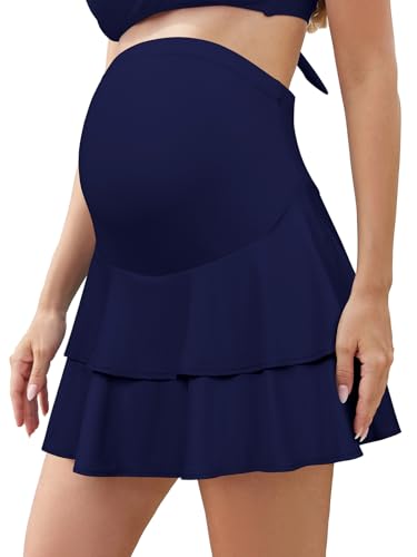 SHEKINI Frauen Rüschen Hohe Taille Umstands Swim Rock Eingebaute Shorts mit Taschen(Tiefblau,XXL) von SHEKINI