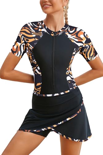 SHEKINI Frauen Two Piece Athletic Short Sleeves Surfen Reißverschluss Boyleg One Piece Rash Guard Badeanzüge und Swim Rock (L,Schwarz+Unregelmäßige Textur) von SHEKINI