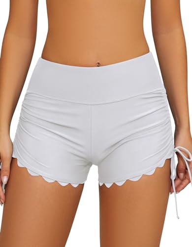 SHEKINI Frauen hohe Taille Badeshorts Seite Krawatte Badeanzug Bottoms Board Shorts(L,Weiß) von SHEKINI