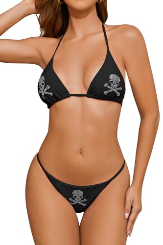 SHEKINI Gepolstert Bikini Set Damen Sexy Triangel Rückenfrei Bikinioberteil Verstellbare Gothic Zweiteiliger Badeanzug Niedrige Taille Bikinihose（L,Schwarz） von SHEKINI