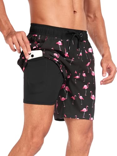 SHEKINI Herren Badehose 7" Quick Dry Badeshorts mit Kompressionsfutter und Taschen（Medium，Schwarz-HD） von SHEKINI