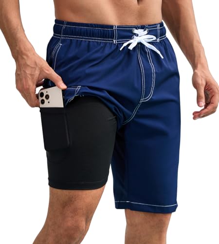 SHEKINI Herren-Badehose Schnelltrocknend Badeshorts mit 10 Zoll Innennaht, Kompressionsfutter und Reißverschlusstaschen（XXL,Tiefblau） von SHEKINI