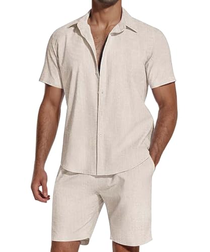 SHEKINI Herren Baumwolle 2 Piece Schlafanzug Kurz- Kurzarm Button Down Shirt & Leichte Shorts - Atmungsaktiv Komfort Fit für Sommer Freizeit & Strand Entspannung Casual Outfits Pyjama Sets(Khaki,XL) von SHEKINI