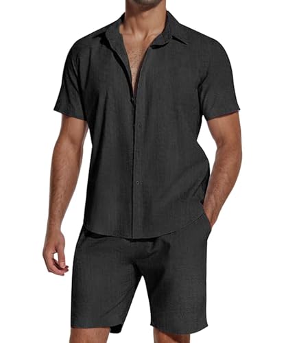 SHEKINI Herren Baumwolle 2 Piece Schlafanzug Kurz- Kurzarm Button Down Shirt & Leichte Shorts - Atmungsaktiv Komfort Fit für Sommer Freizeit & Strand Entspannung Casual Outfits Pyjama Sets(Schwarz,M) von SHEKINI