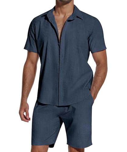 SHEKINI Herren Baumwolle 2 Piece Schlafanzug Kurz- Kurzarm Button Down Shirt & Leichte Shorts - Atmungsaktiv Komfort Fit für Sommer Freizeit & Strand Entspannung Casual Outfits Pyjama Sets(Blau,M) von SHEKINI
