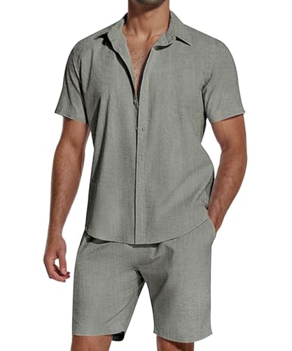SHEKINI Herren Baumwolle 2 Piece Schlafanzug Kurz- Kurzarm Button Down Shirt & Leichte Shorts - Atmungsaktiv Komfort Fit für Sommer Freizeit & Strand Entspannung Casual Outfits Pyjama Sets(Grau,L) von SHEKINI