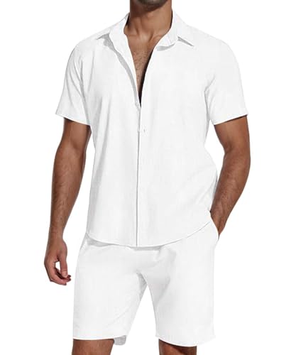 SHEKINI Herren Baumwolle 2 Piece Schlafanzug Kurz- Kurzarm Button Down Shirt & Leichte Shorts - Atmungsaktiv Komfort Fit für Sommer Freizeit & Strand Entspannung Casual Outfits Pyjama Sets(Weiß,L) von SHEKINI
