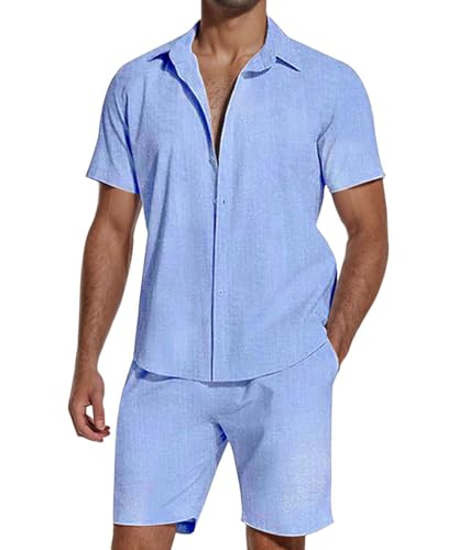 SHEKINI Herren Baumwolle 2 Piece Schlafanzug Kurz- Kurzarm Button Down Shirt & Leichte Shorts Für Sommer Freizeit & Strand Entspannung Casual Outfits Pyjama Sets(Himmelblau,S) von SHEKINI