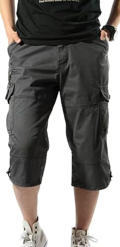 SHEKINI Herren Cargo Capri Shorts Kurz Hosen Bermuda Freizeithose Baumwolle Hose mit Taschen(Grau,XL) von SHEKINI
