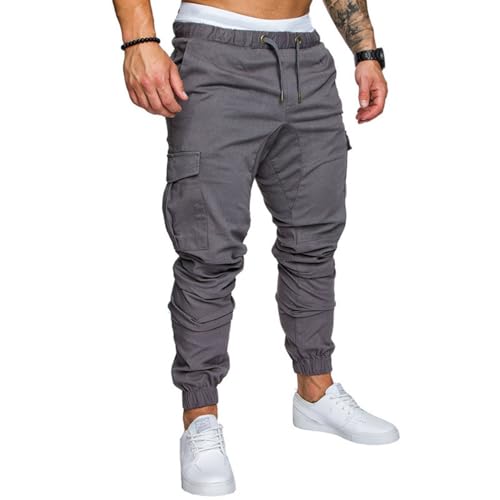 SHEKINI Herren Cargo-Hose Freizeithose Twill Kordelzug Jogginghose mit Taschen(Grau,L) von SHEKINI