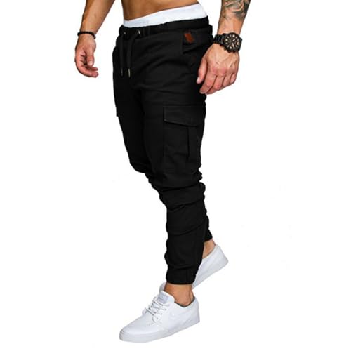 SHEKINI Herren Cargo-Hose Freizeithose Twill Kordelzug Jogginghose mit Taschen(Schwarz,XXL) von SHEKINI