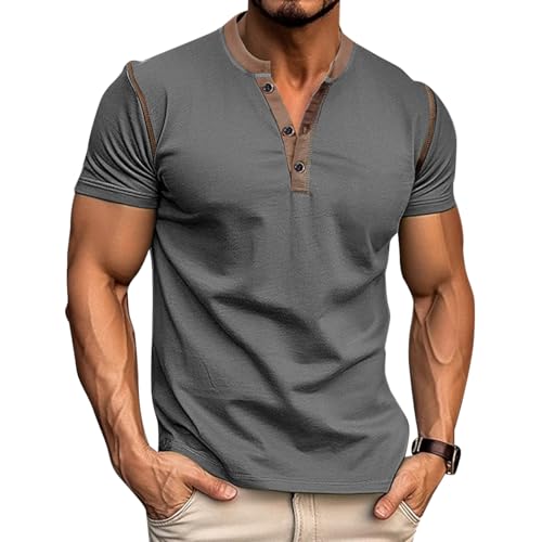 SHEKINI Herren Hemd Kurzarm T-Shirt Henley Shirts Activewear Tees Männer Freizeithemd(Dunkelgrau,L) von SHEKINI
