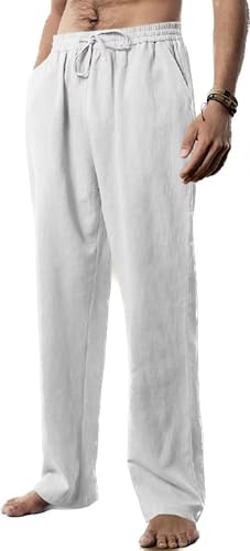 SHEKINI Herren Leinenhose mit Kordelzug Leicht Sommer Hose mit Tasche Freizeithose Strandhose Urlaub(Weiß,XL) von SHEKINI
