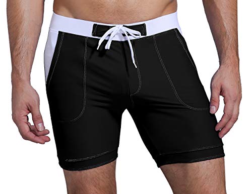 SHEKINI Herren Sommer Hübsche Badehose Sportliche Enge Kurze Badeshorts Jungen Casual Badepants Kordelzug mit Seitennahtaschen Schnell Trocknend Schwimmhose（L，Schwarz） von SHEKINI