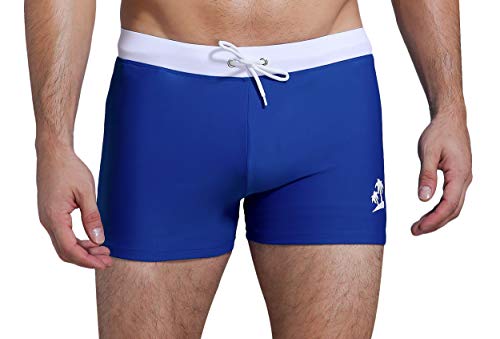 SHEKINI Herren Sportliche Kurze Badehose Eng Jungen Schwarz Badeshorts Elastisch 2 Farben Große Größen Schwimmhose Kordelzug Elastisch Strandhose für Männer (Medium, Blau) von SHEKINI